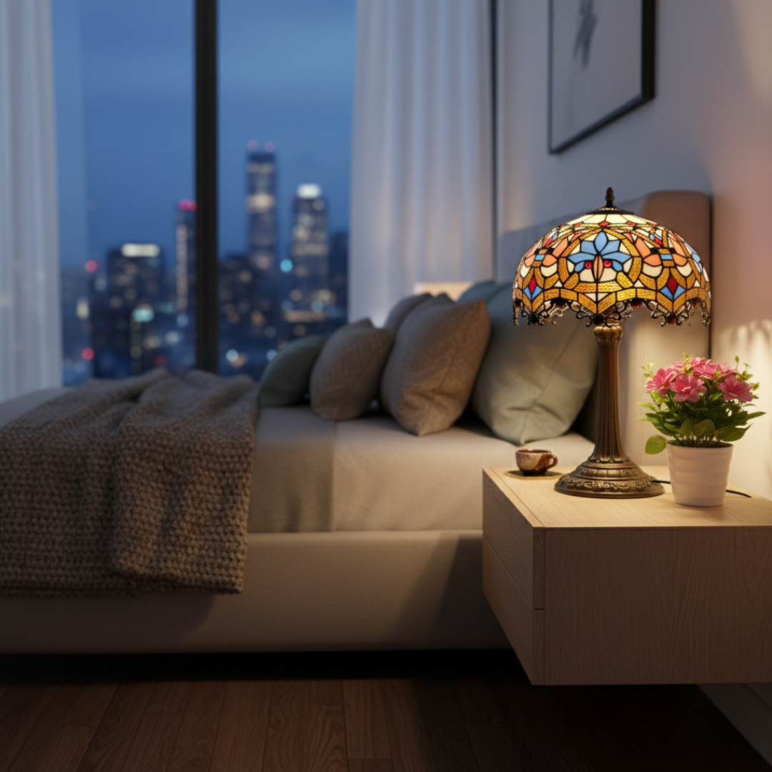 Vintage Stained Glass Table Lamp – Peacock Design Bedside Lamp for Living Room & Home Decor