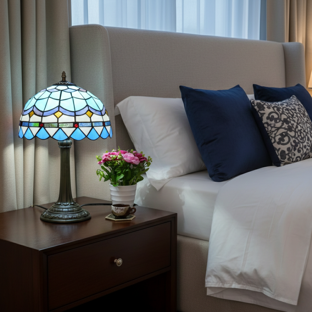 Vintage Stained Glass Table Lamp – Peacock Design Bedside Lamp for Living Room & Home Decor