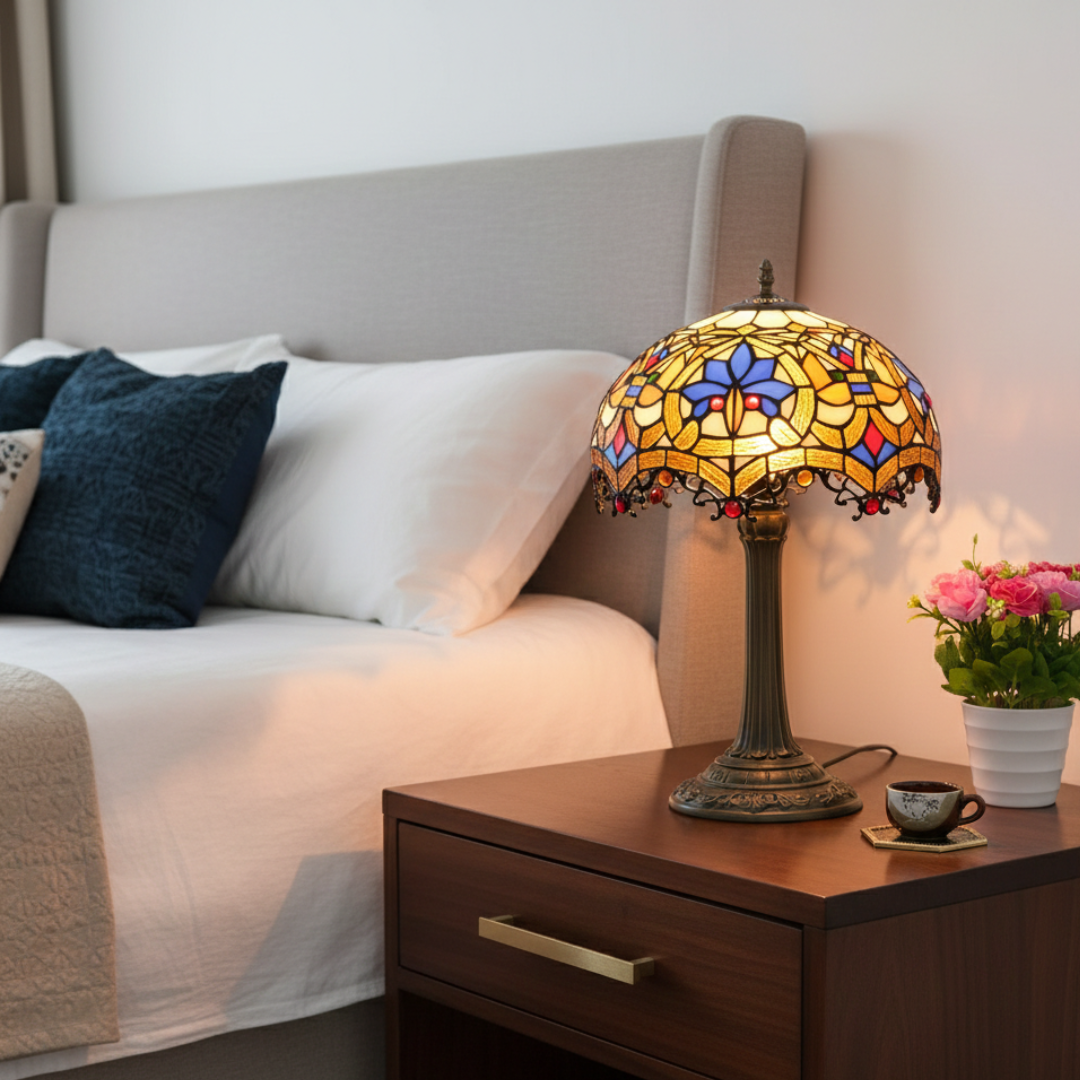 Vintage Stained Glass Table Lamp – Peacock Design Bedside Lamp for Living Room & Home Decor