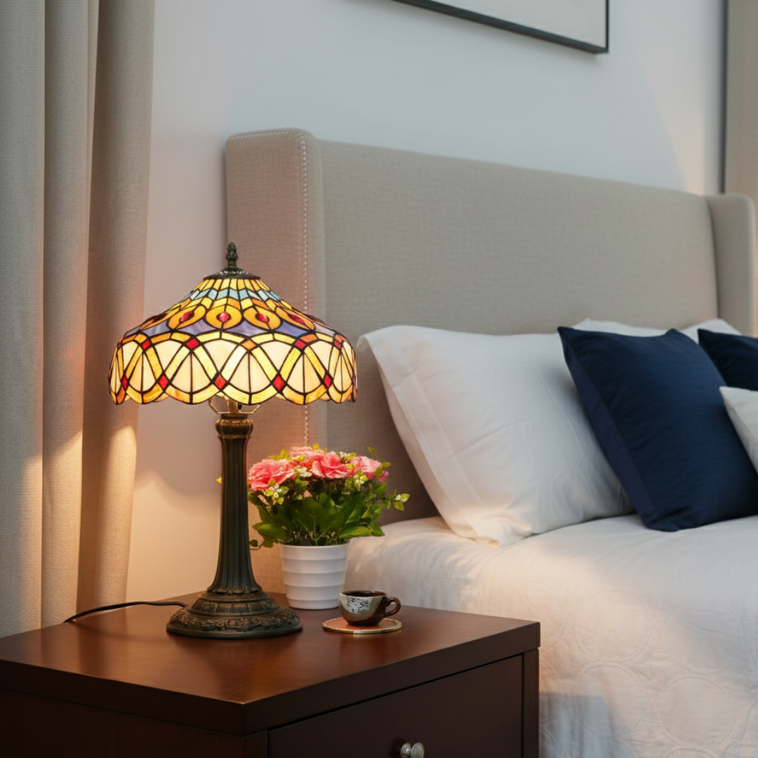 Vintage Stained Glass Table Lamp – Peacock Design Bedside Lamp for Living Room & Home Decor