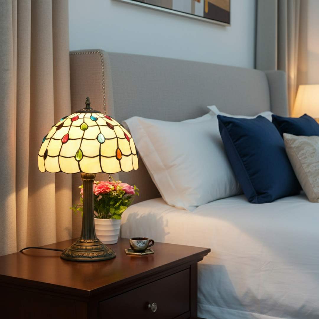 Vintage Stained Glass Table Lamp – Peacock Design Bedside Lamp for Living Room & Home Decor